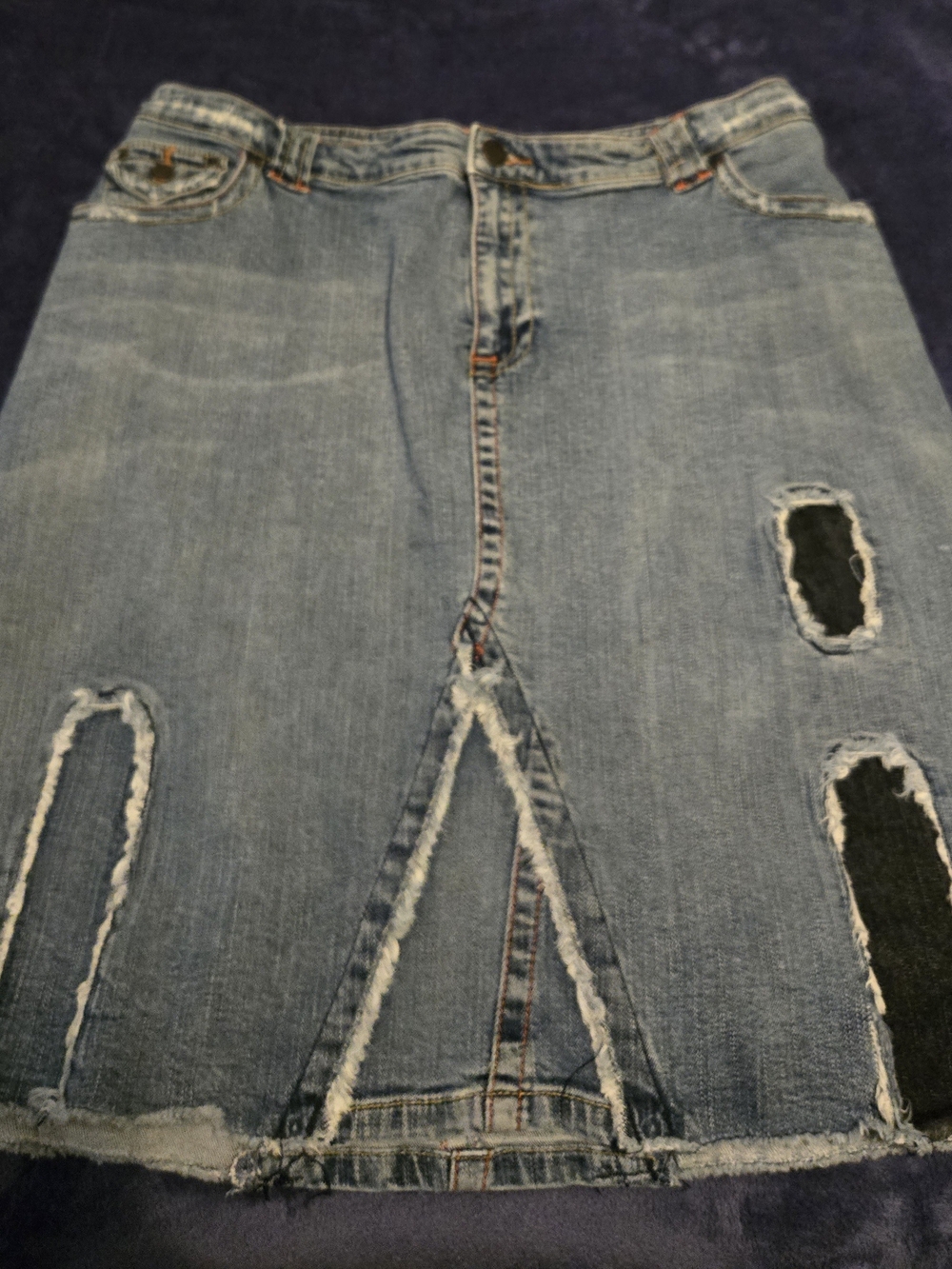 Amour Vert Washed Blue Distressed Denim Pencil Skirt